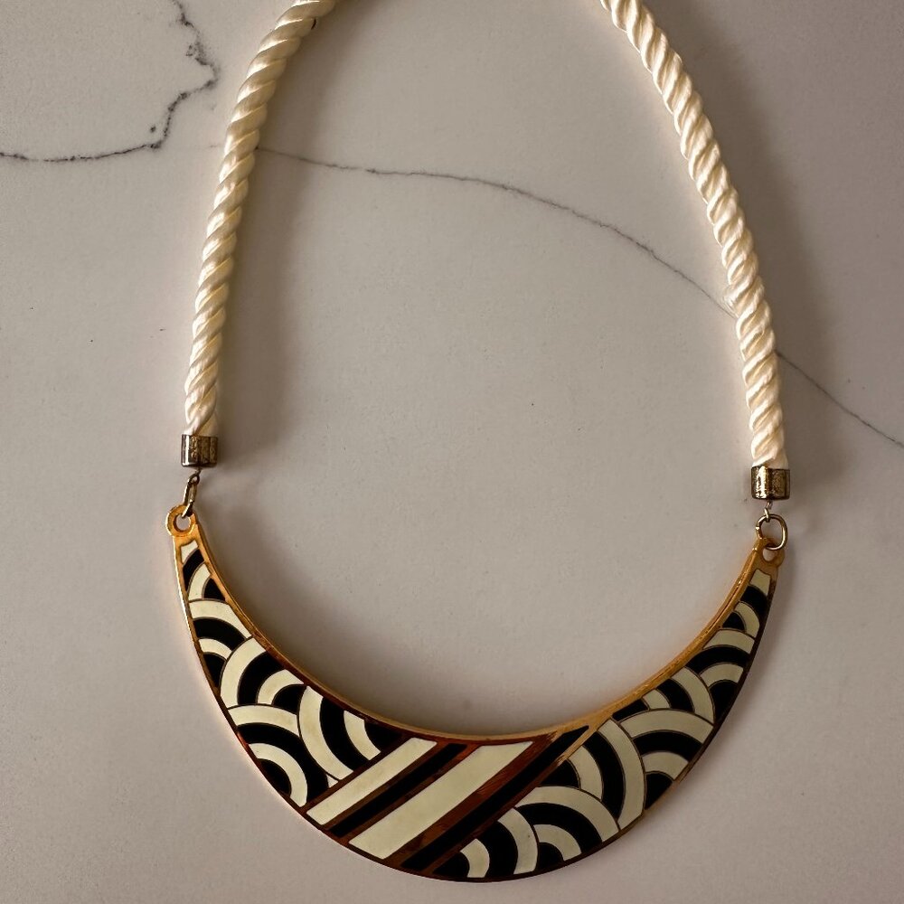 Vintage Black & Ivory Enamel Crescent Necklace with Rope Cord Chocker